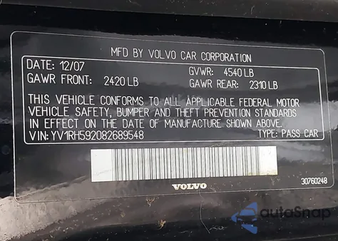 2008 Volvo S60 2.5T z USA, uszkodzony, nr VIN YV1RH592082689548